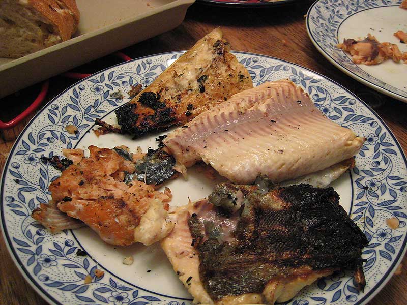 หลังจากที่กินคิงแซลมอนแล้วก็เอาเนื้อปลาเทร้าไปย่างต่อ เนื้อปลาเทร้ามีไขมันปนอยู่ ย่างเสร็จแล้วเนื้อส
