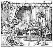 เครื่องมือวาดภาพ ในศตวรรษที่ 16 การแกะสลักโดย DUR-RER แสดงให้เห็นอุปกรณ์การวาดภาพของจิตรกรด้วยการเล็