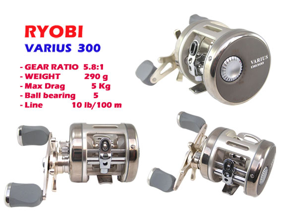 RYOBI  VARIUS  300

Ball Bearing 5
Gear ratio 5.8:1
Wt 290 g
Line 10lb/100m
Max drag 5 kg

-