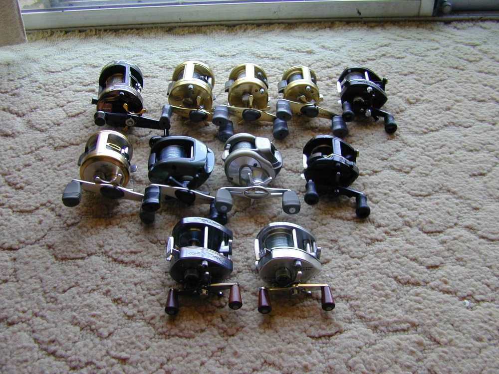 Here's a picture of my collection of bait casting reels.  They range from old school Shimano Bantam