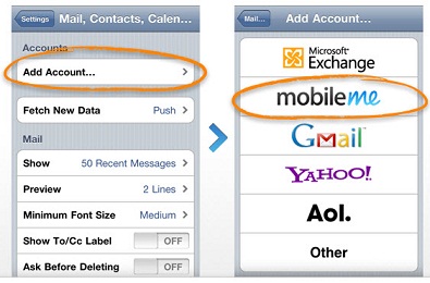 3. กดที่ปุ่ม Add Account และเลือก MobileMe
