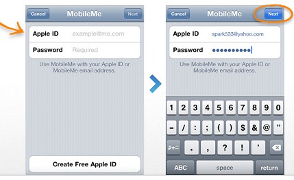 4. ให้ใส่ login ของ Apple ID และ Password แล้วกด Next

Apple ID ใช้เวลาเรา sync ข้อมูลกับ iTunes, 