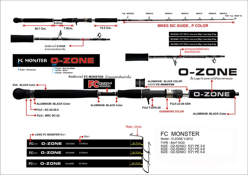 คัน    Jigging
ยี่ห้อ  FC Monster
รุ่น    Ozone model 2012

OZ 5224C  5'2"f   PE 1.5-4   Jig w
