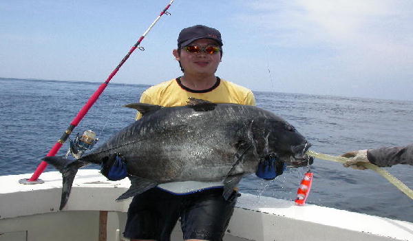 This GT is about 35 kg up.  It hit "Cartoon Fish" popper like we see in Finding Nemo movie.