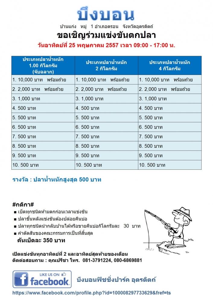 ขอเชิญร่วมแข่งขันตกปลาบึงบอน อุตรดิตถ์ วันที่ 25 พฤษภาคม 2557