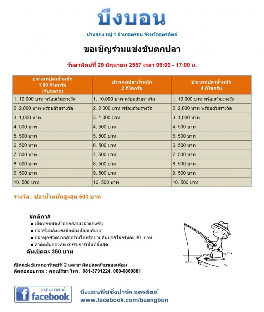 เรียนเชิญร่วมแข่งขันตกปลา บึงบอน อุตรดิตถ์ วันอาทิตย์ที่ 29 มิถุนายน 2557 นี้