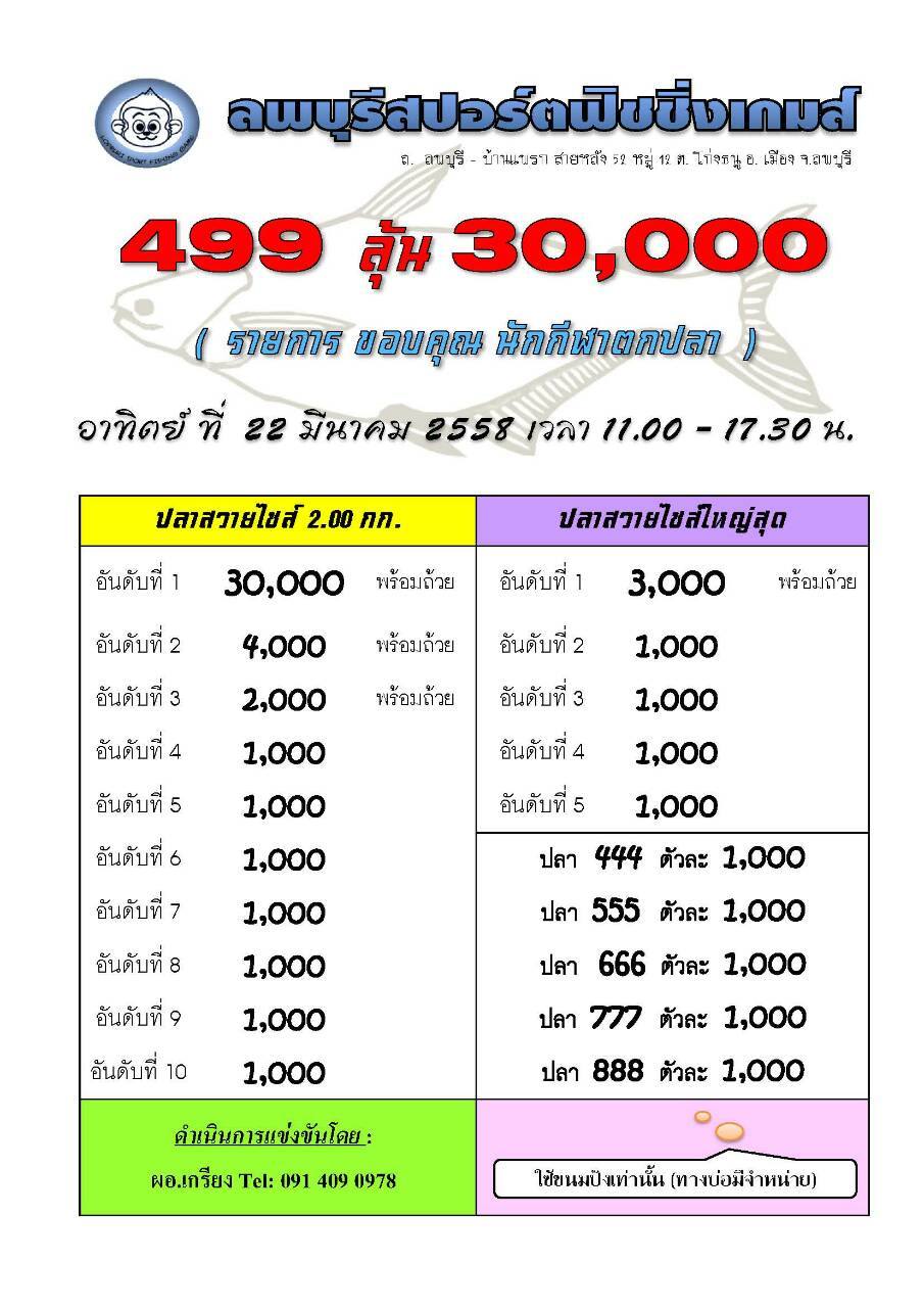 22 มีนา 499 ลุ้น 30000 ที่ ลพบุรีสปอร์ตฟิชชิ่งเกมส์ (บ่อ2)