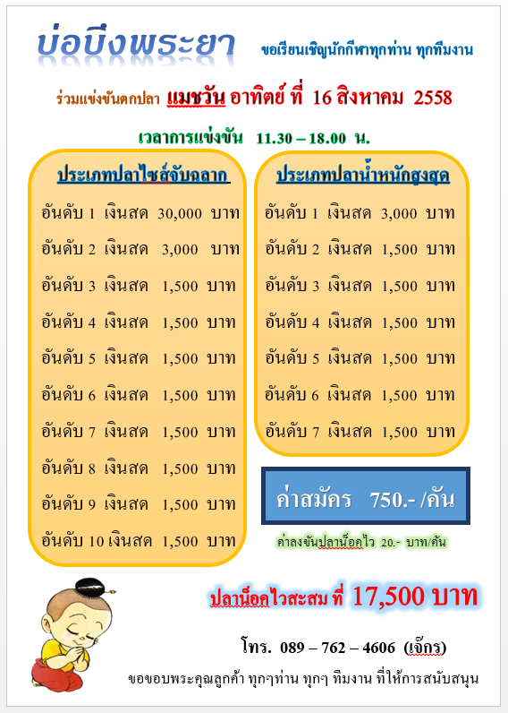 บึงพระยา อาทิตย์ 16 สิงหาคม 58 หัว 30,000 น็อค 17,500 จ้า