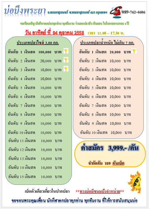 มาแล้วจ้า รายชื่อนักกีฬา แมช 100,000 บ่อบึงพระยา 04 ตุลา 58....