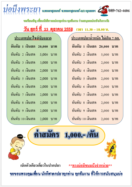 บึงพระยา อาทิตย์ 18 ตุลาคม 58 หัว 30,000 น็อค 26,000 จ้า