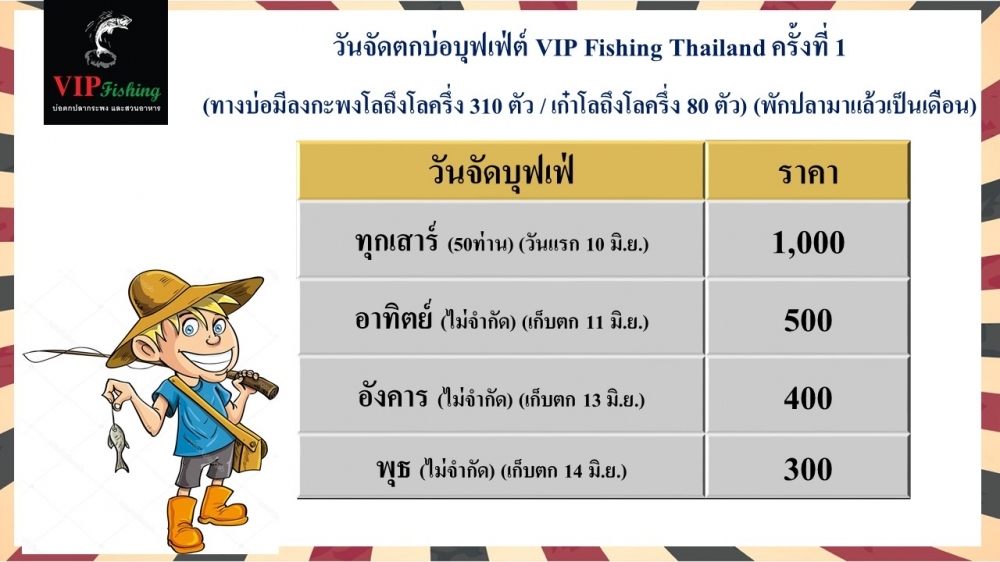 ประกาศเปิดบ่อบุฟเฟ่ต์ที่บ่อตกปลาวีไอพีวันเสาร์ที่10/06/60