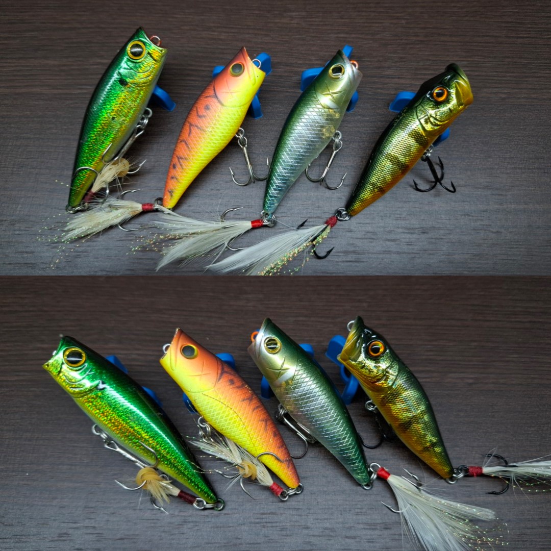 A14: Lucky Craft S8 Popper, 70 mm, 8.8 g Floating ลำตัวเขียวอมทองเงา สันหลังดำ ท้องขาว มือกะพง กุเลา