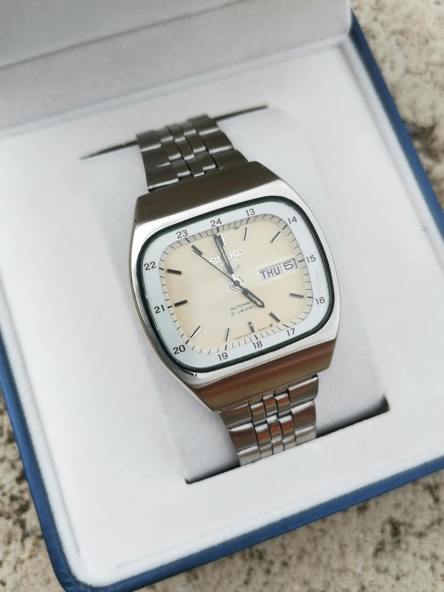 นาฬิกา Seiko 5​ Automatic กลไกลระบบเครื่อง 6309 หน้า​Vintage​ TVสีครีม ขอบขาว24น