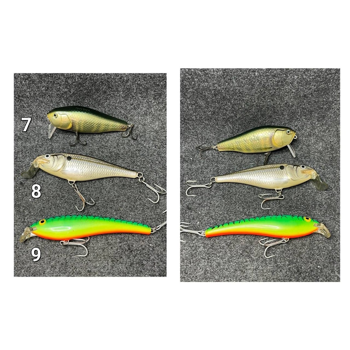 7. Five Sense ขนาด 130  ราคา 799

8.  rapala super shad rap ขนาด 160  ราคา 300

9. Storm ขนาด 15