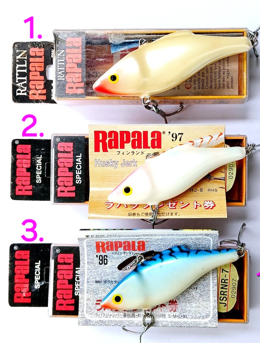 
[b]บนลงล่าง[/b]

1. Rapala Rattlin Rap RNR-8 PW (Finland) ฝาร้าว รุ่นเก่า หายาก เลิกผลิต
[b]ขาย