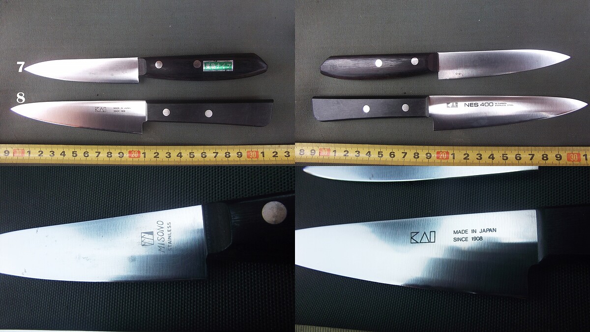 [b]
7. misono (บน)[/b] มือสอง มีรอยเล็กๆน้อยๆบ้าง ด้ามไม้ประกบสนิทแน่น ขาย 180 
[b]
8. kai (ล่าง)