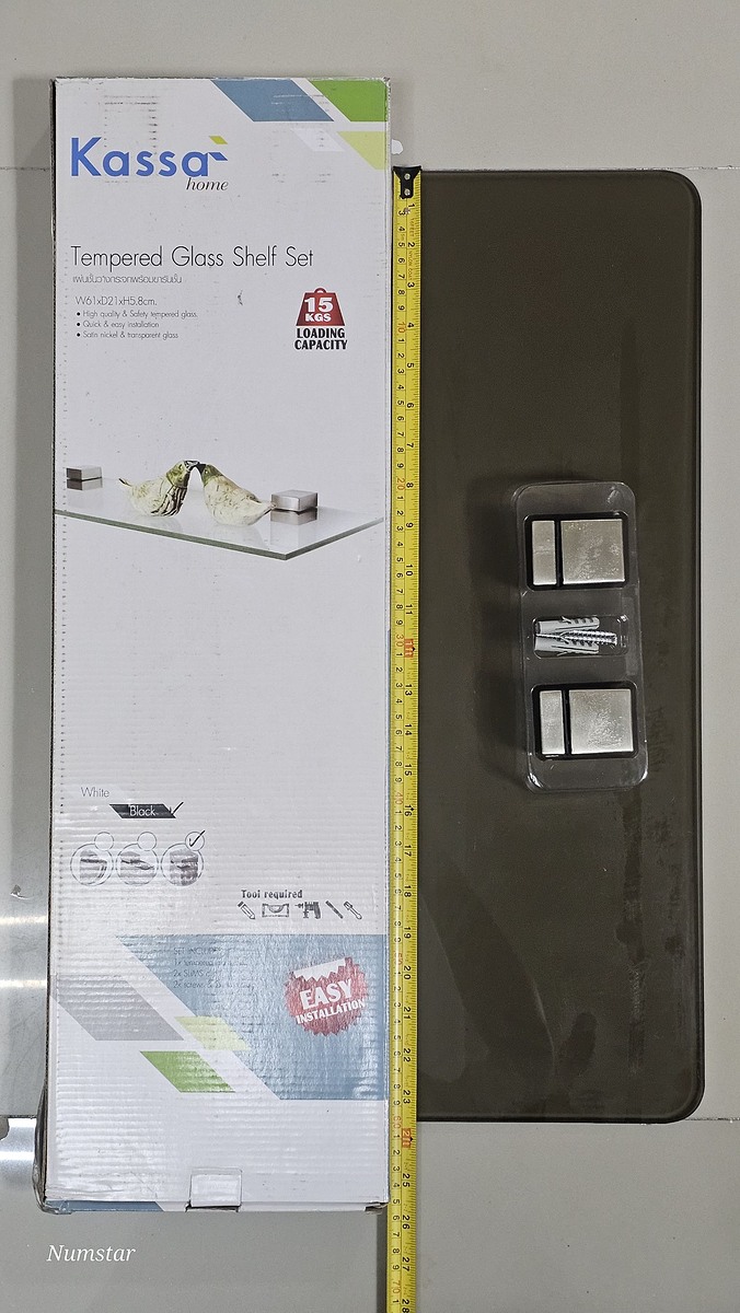 ชั้นวางกระจกนิรภัย  สีดำใส (ดีกว่าแบบไม้ บวมความชื้น สีลอก)(เหมาะกับห้องนอน ห้องน้ำ ห้องนั่งเล่น)
พ