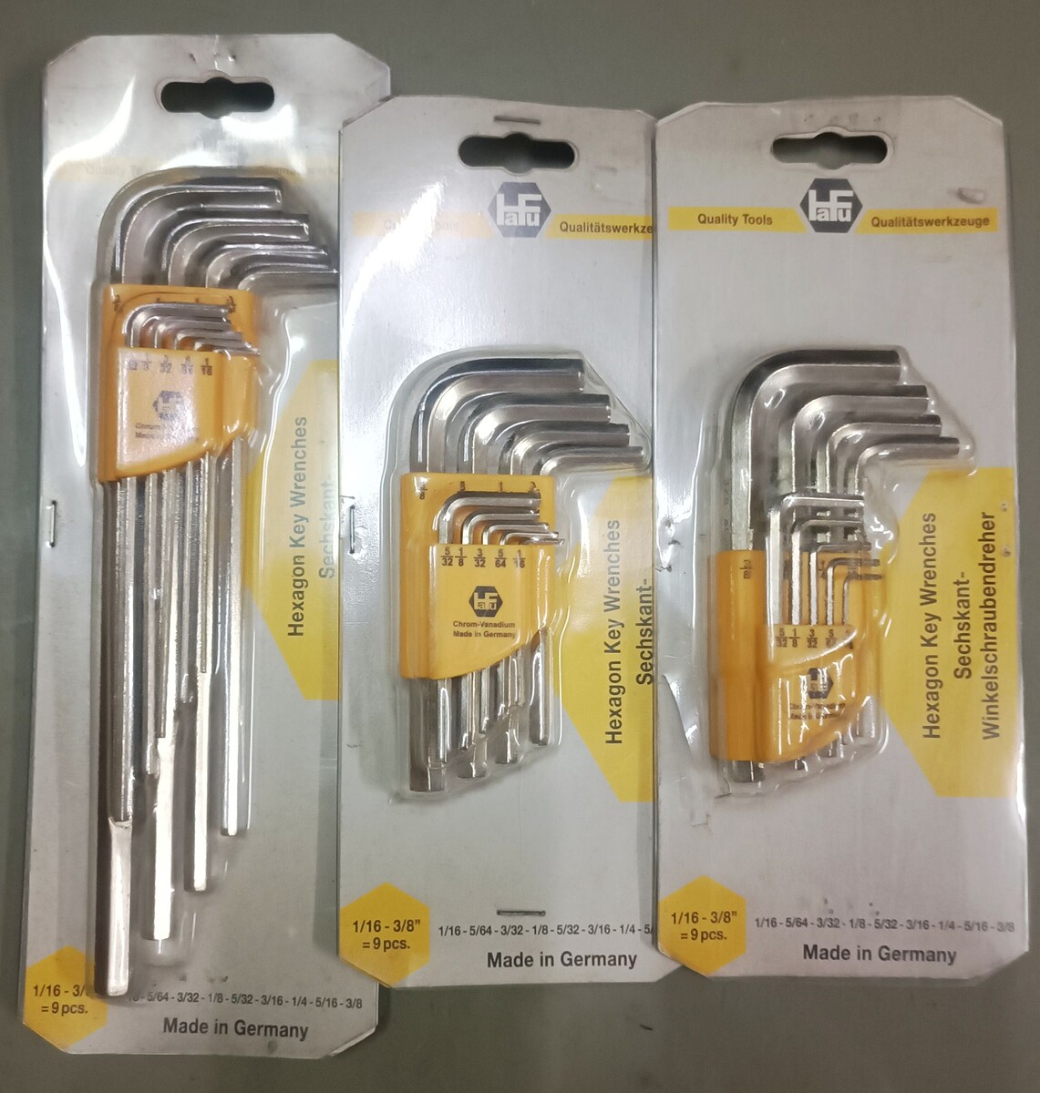 ประแจแอล  HAFU  (เยอรมัน แท้)  ขนาด 1/16" - 3/8"  (9 ชิ้น)  ปลายครง 

ต้วสั้น    200 บ./ชุด  (มี 2