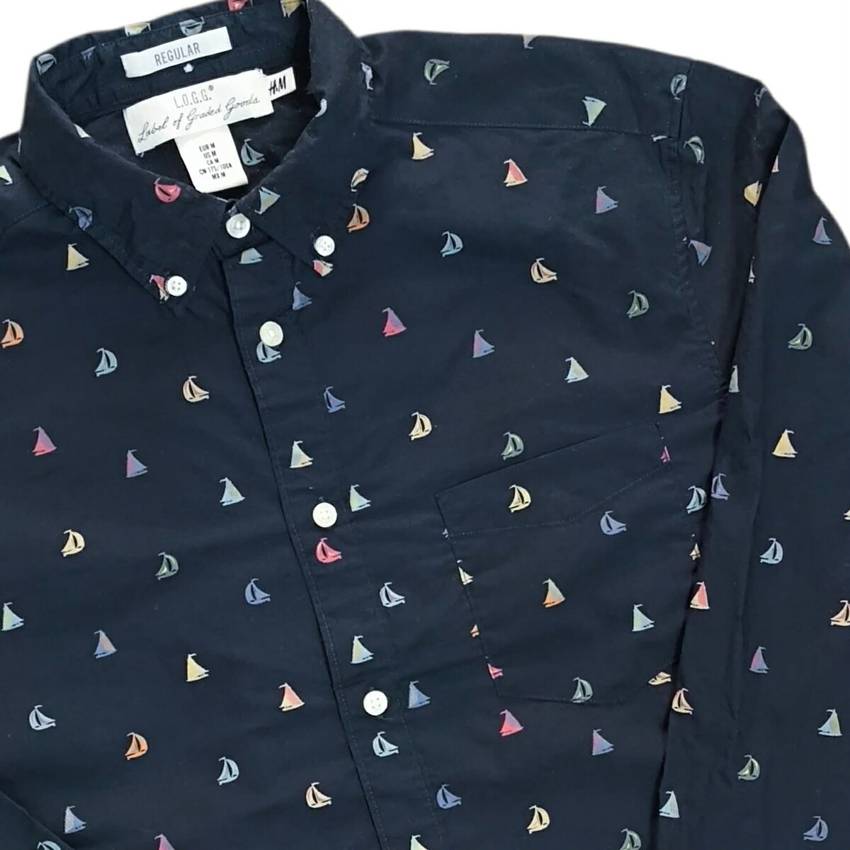 H&M L.O.G.G. shirt แขนยาวลายเรือใบ อก 44 นิ้วไหล่ 19 นิ้ว