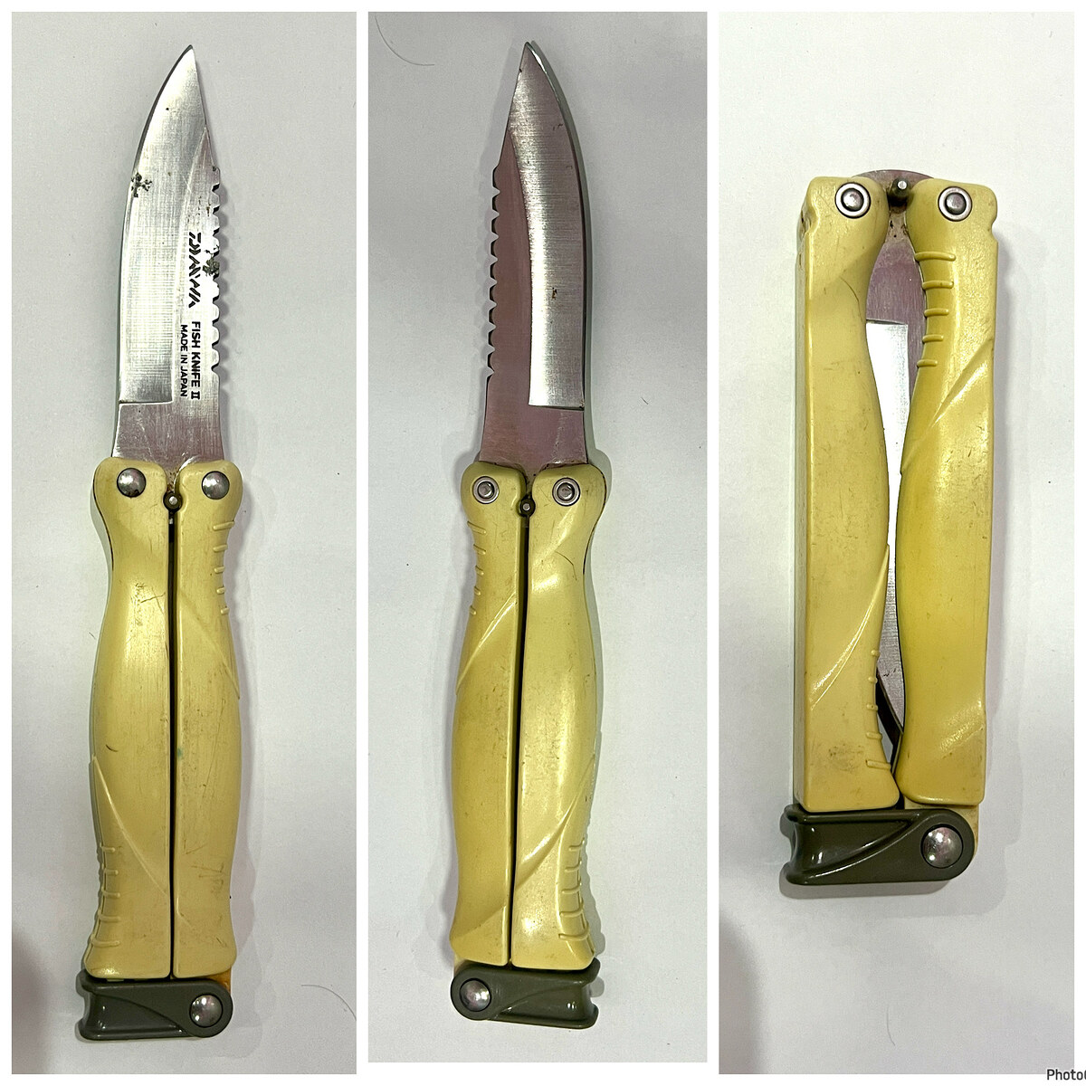 2.  Daiwa Fish Knife II Made in Japan
มีดยาว 21.5 cm. พับแล้วเหลือ 12 cm.
ใบสเตนเลส คมมาก ทนไม่เป็